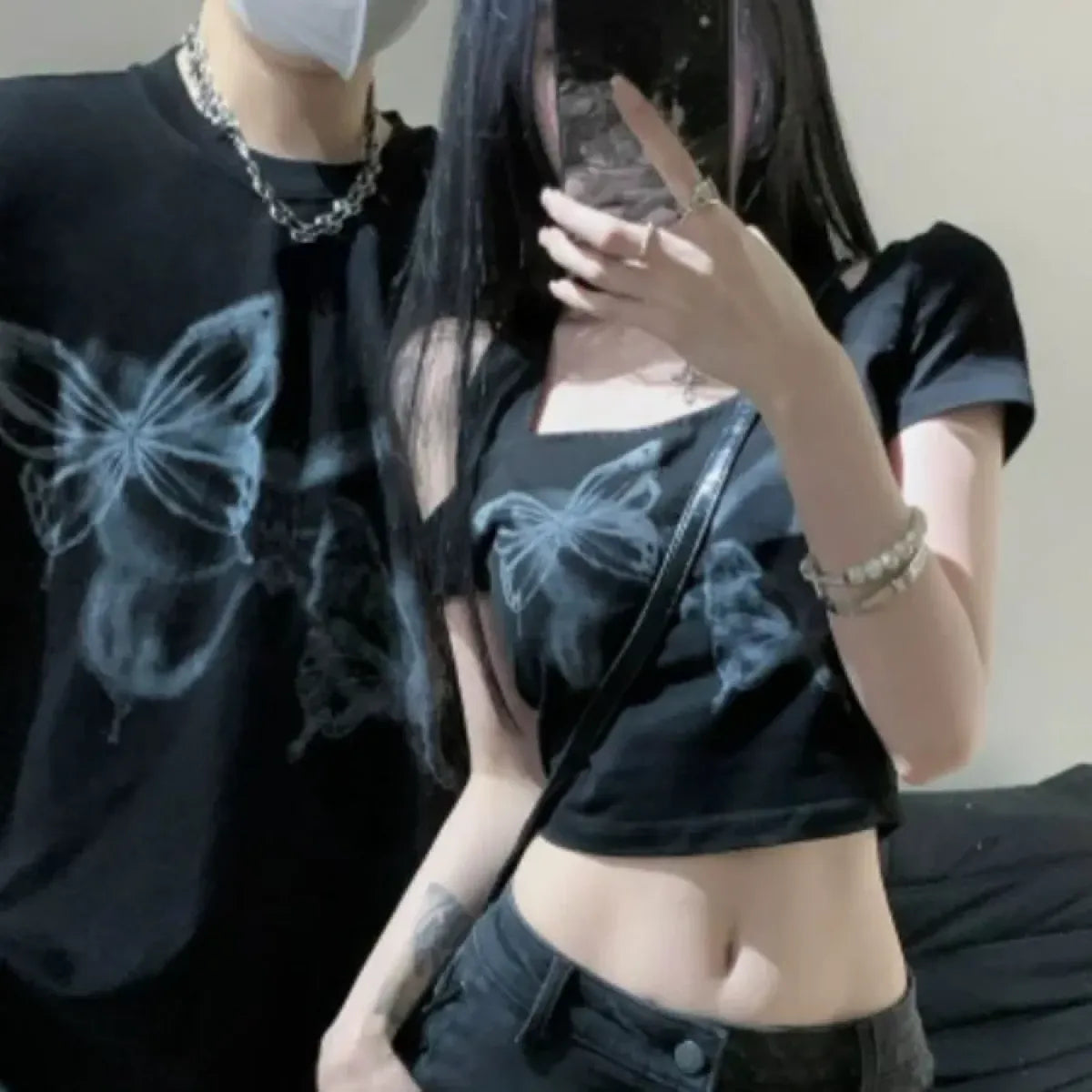 Butterfly Print Off-Shoulder Couples Tee - Best Sellers - T-Shirt - 1