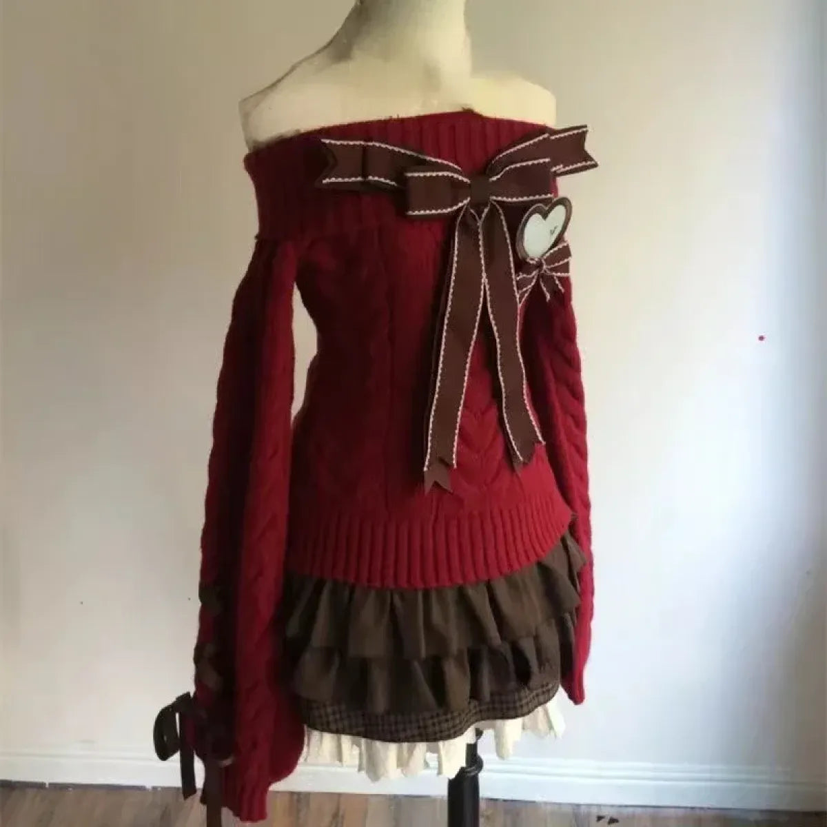 Off-Shoulder Bow Knit Sweater – Lolita E-Girl Style - Best Sellers - Women’s Sweaters - 1