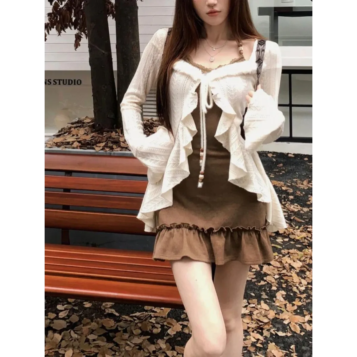 Retro Slim Camisole Dress & Ruffle Knit Cardigan - All Dresses - Clothing Sets - 1