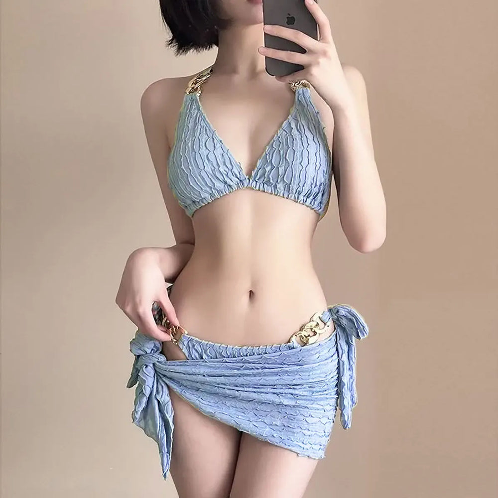 Chain Halter Bikini Set with Skirt – Korean 3PCS Beach Swimwear - Best Sellers - Strapless - Swimwear - 1