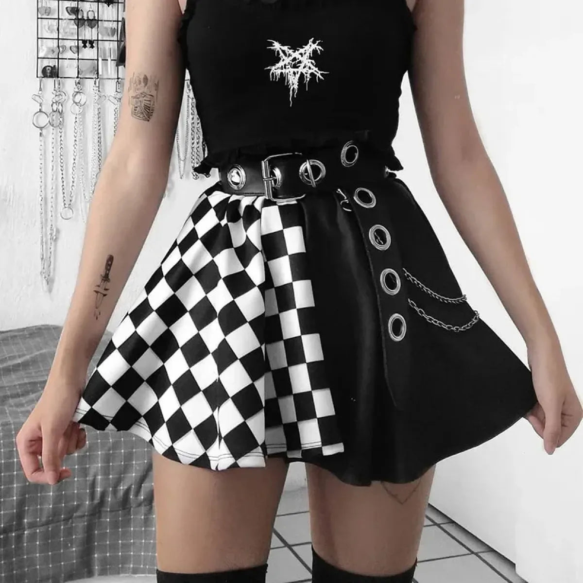 Checkerboard Gothic Punk Skirt – Grommet Chains & Contrast Panels - Best Sellers - Skirts - 1