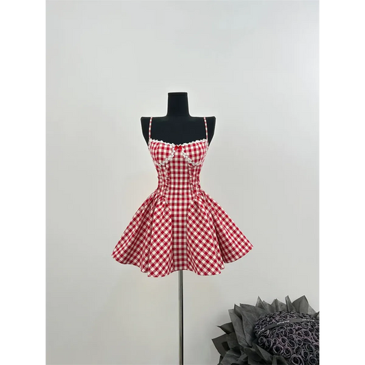 Coquette Plaid Mini Dress – Balletcore Gyaru Party Dress - All Dresses - Strapless - Off-Shoulder - Crop Tops - 11