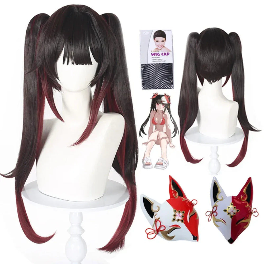 Black Red Twin Tail Cosplay Wig with Fox Mask - Accessories - Hair Accessories - 1