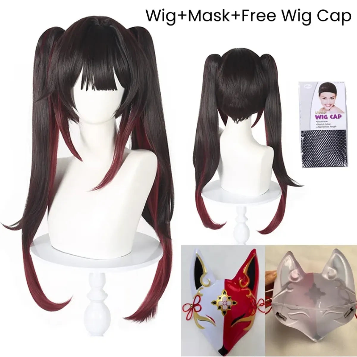 Black Red Twin Tail Cosplay Wig with Fox Mask - Accessories - Hair Accessories - 7