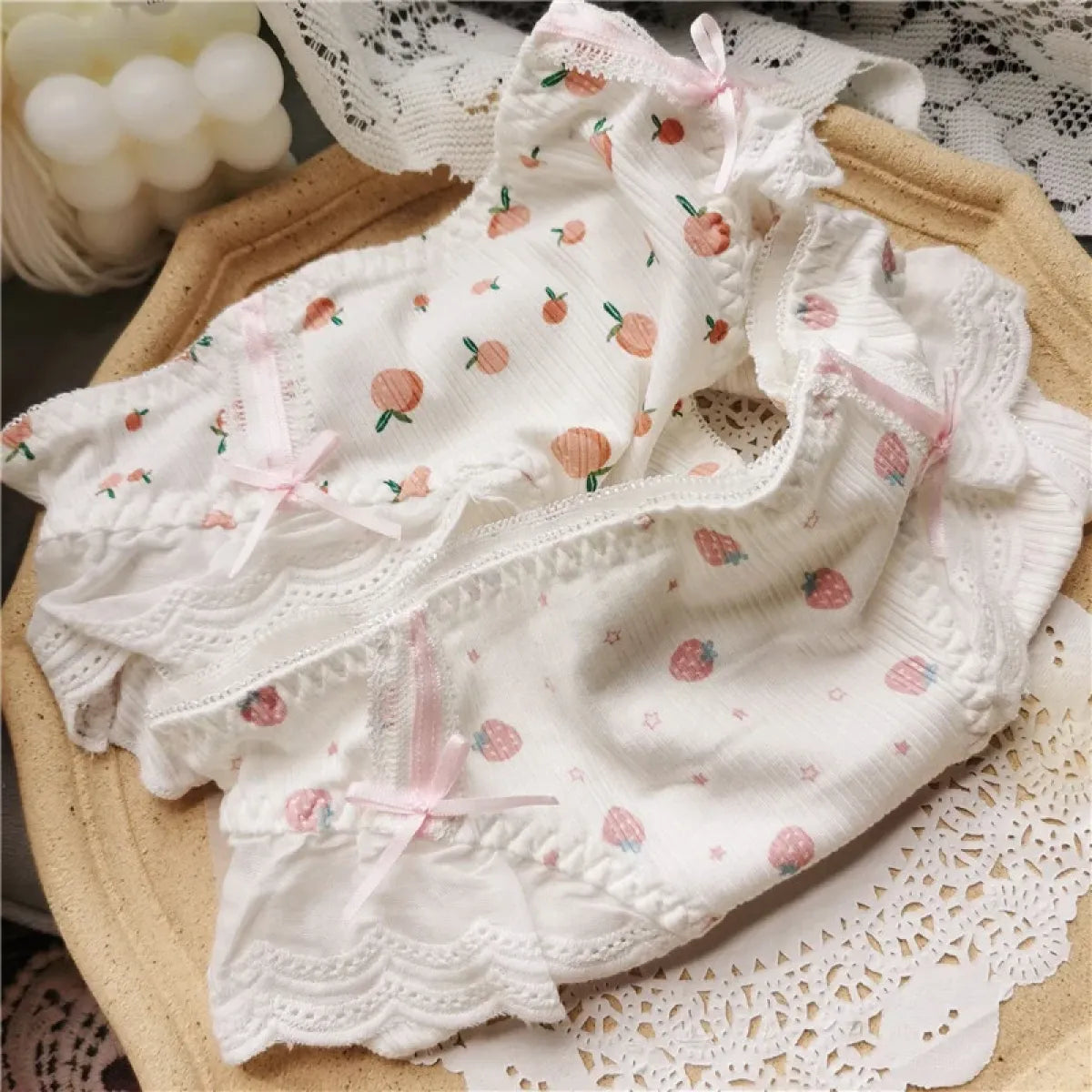 Cotton Lace Low Waist Panties with Fruit Print & Bows – Kawaii Lingerie - Best Sellers - Lingerie - 1