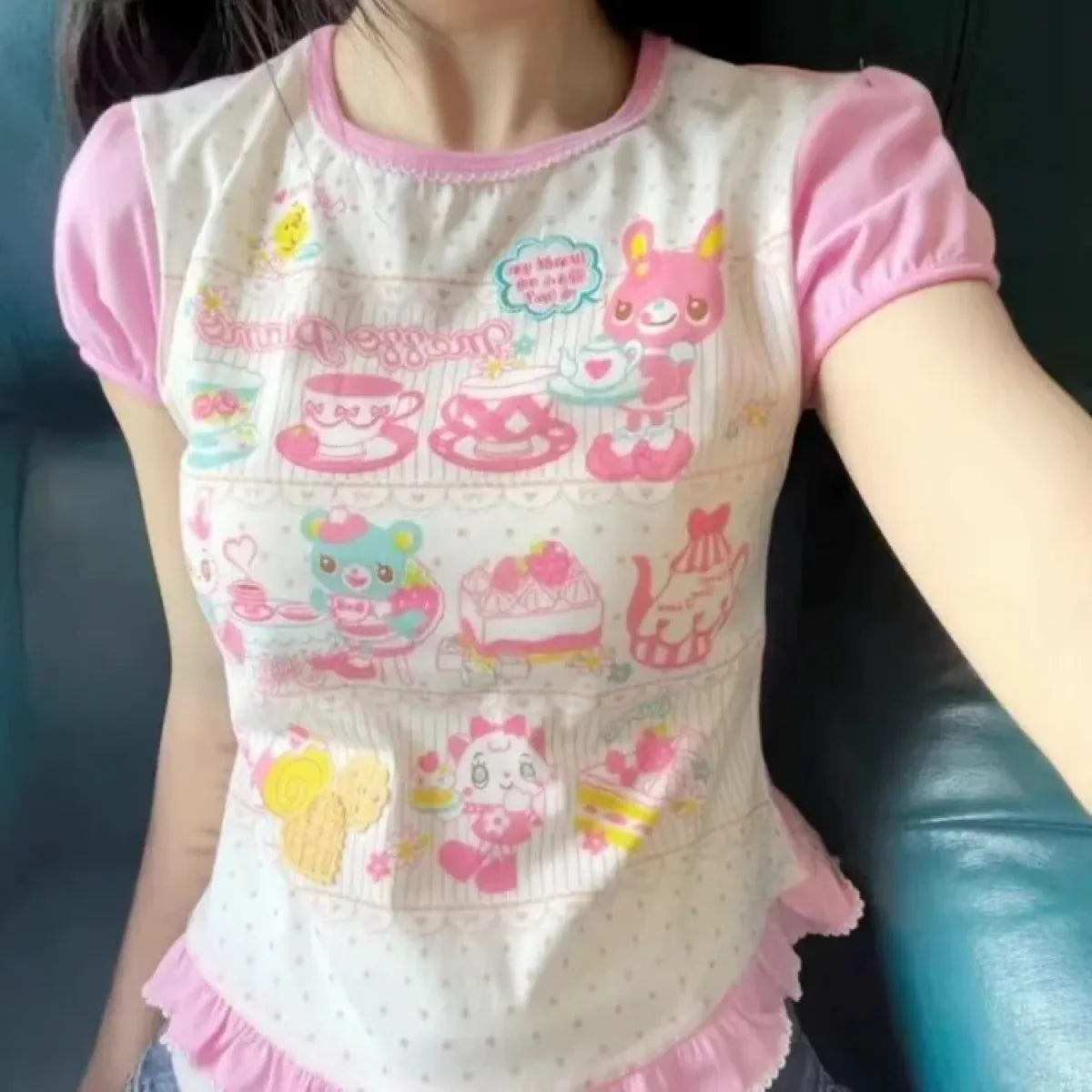 Harajuku Ruffle Cartoon Crop Tee - Best Sellers - Short - Round - Crop Tops - 1