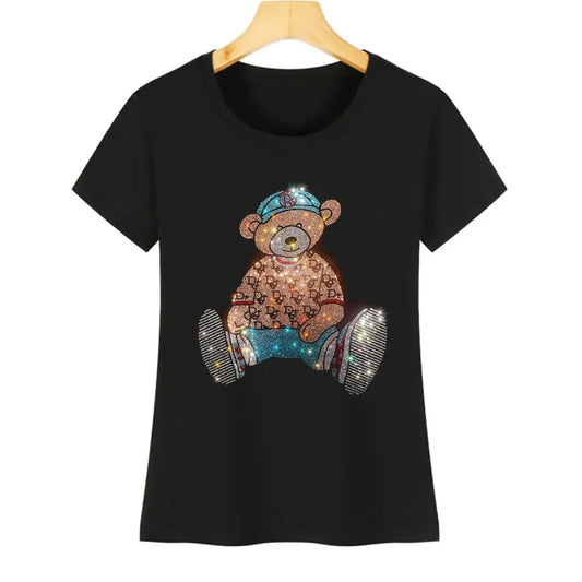 Cute Bear Cotton T-Shirt - Rhinestone Cartoon Top for Women - Best Sellers - 7