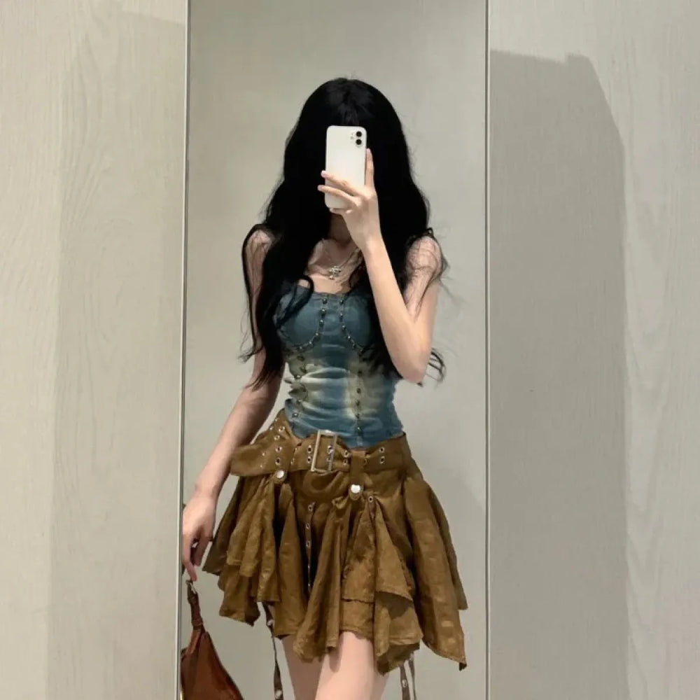 Denim Corset Cami & Ruched Belted Skirt Set - Best Sellers - Sets / Co-ords - 1