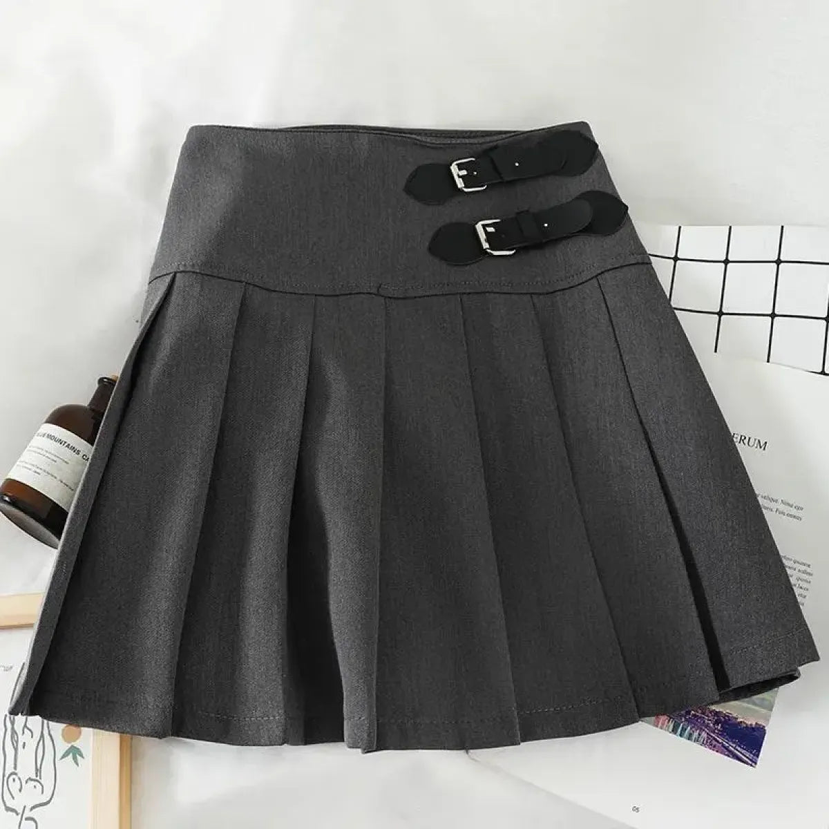 Harajuku Double Belt Pleated Tennis Skirt (Grey/Black) - Best Sellers - 2