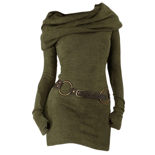 Draped Collar Knit Dress with Belt Detail - All Dresses - Dress - 1
