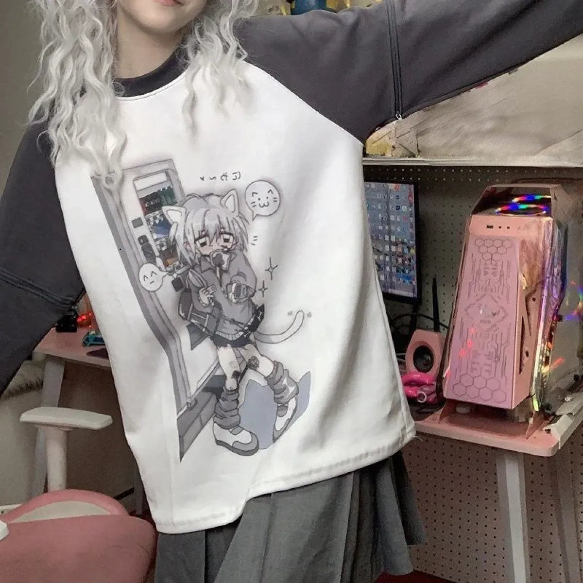 Dreamy Detachable Sleeve Tee – Kawaii Cat & Anime Harajuku Style Top - Anime - Long - Round - 7