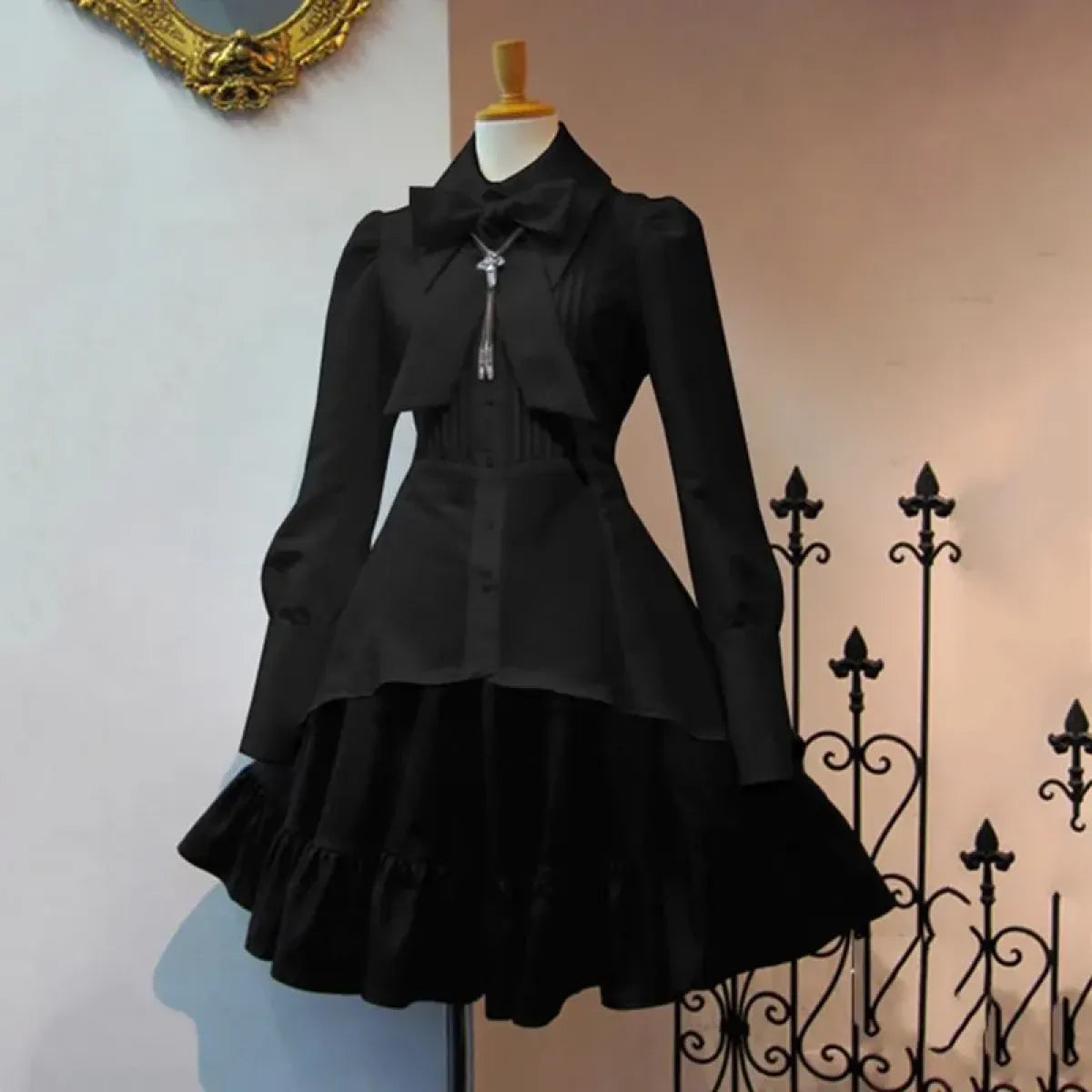 Elegant Gothic Lolita Dress - Big Bow Collar Lace-Up Pleated Design - All Dresses - 1