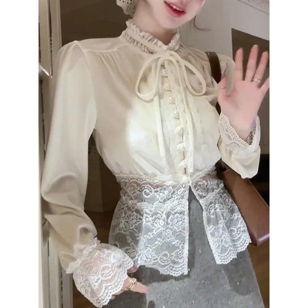 Ivory Lace-Trimmed Blouse – Elegant Retro Spring Style - Best Sellers - Long - Shirt - Shirt - 1