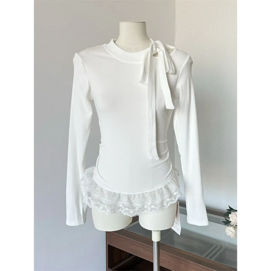 Bow Tie Lace Trim Top – Elegant Y2K Long Sleeve Blouse - Best Sellers - Long - Asymmetric - Tops - 4