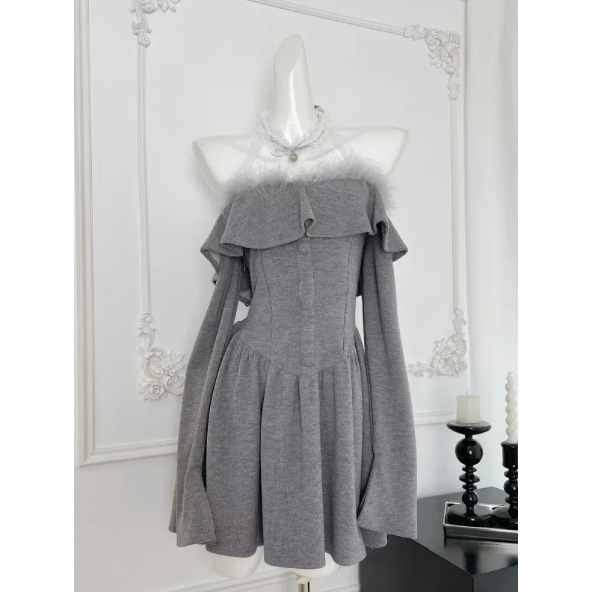 Off-Shoulder Lace Neckline Dress – Elegant Y2K Style - All Dresses - Long - Round - Dresses - 2