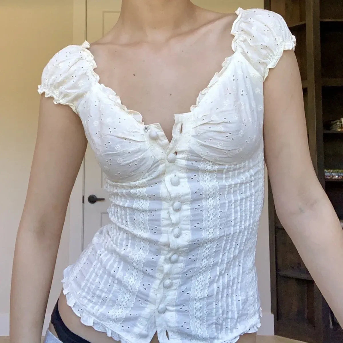 90s Vintage Button-Up Crop Top – Fairy Grunge Y2K Aesthetic White Frill Tee - Best Sellers - Short - V-neck - Crop Tops