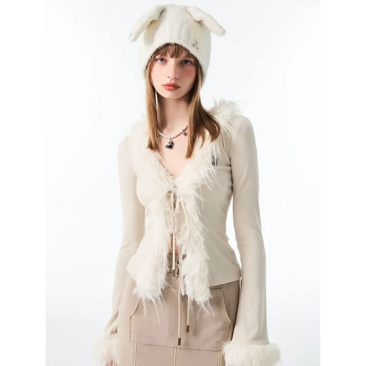 Lace-Up Faux Fur Cardigan – Vintage Slim Fit Long Sleeve Top - Best Sellers - Long - Cardigans - 6