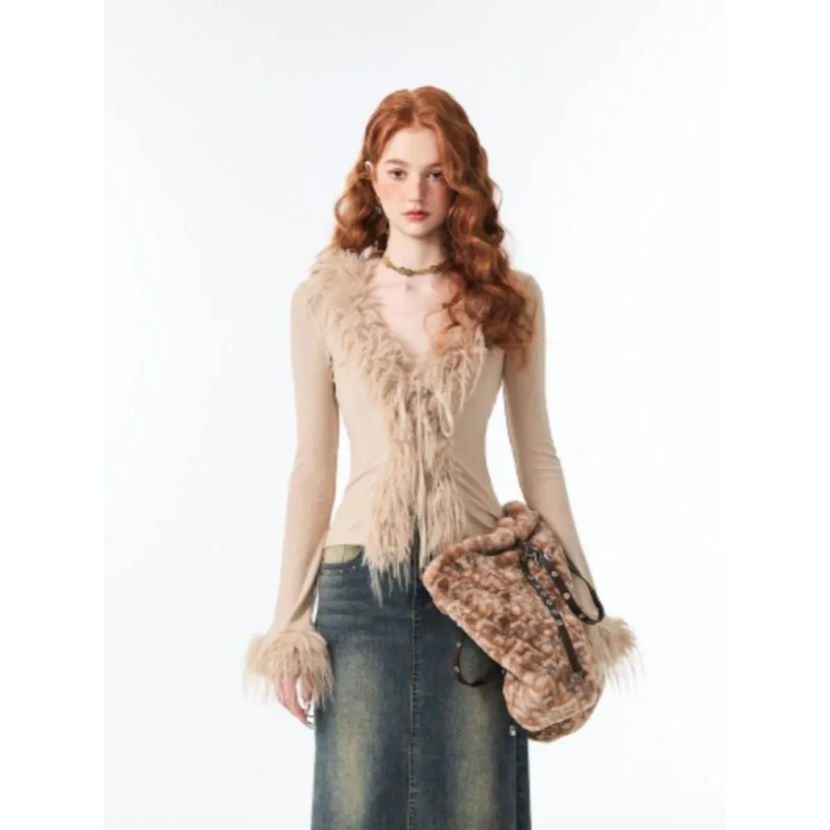 Lace-Up Faux Fur Cardigan – Vintage Slim Fit Long Sleeve Top - Best Sellers - Long - Cardigans - 1