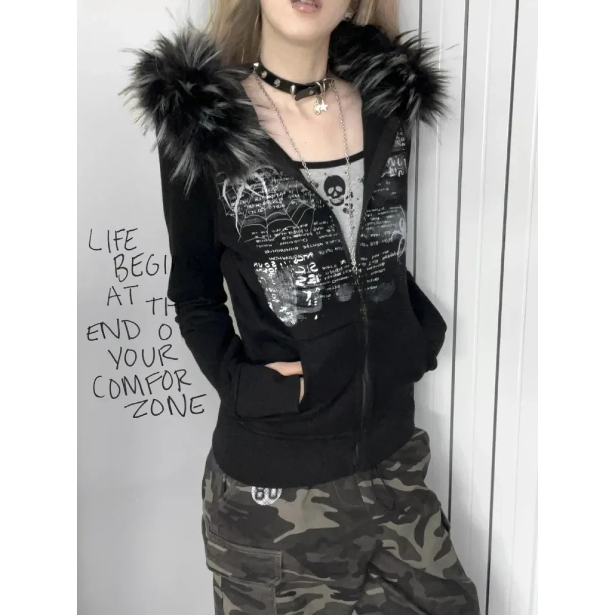 Black Gothic Grunge Fur Hooded Jacket - Best Sellers - Long - Hooded - Women’s Hoodies - 1