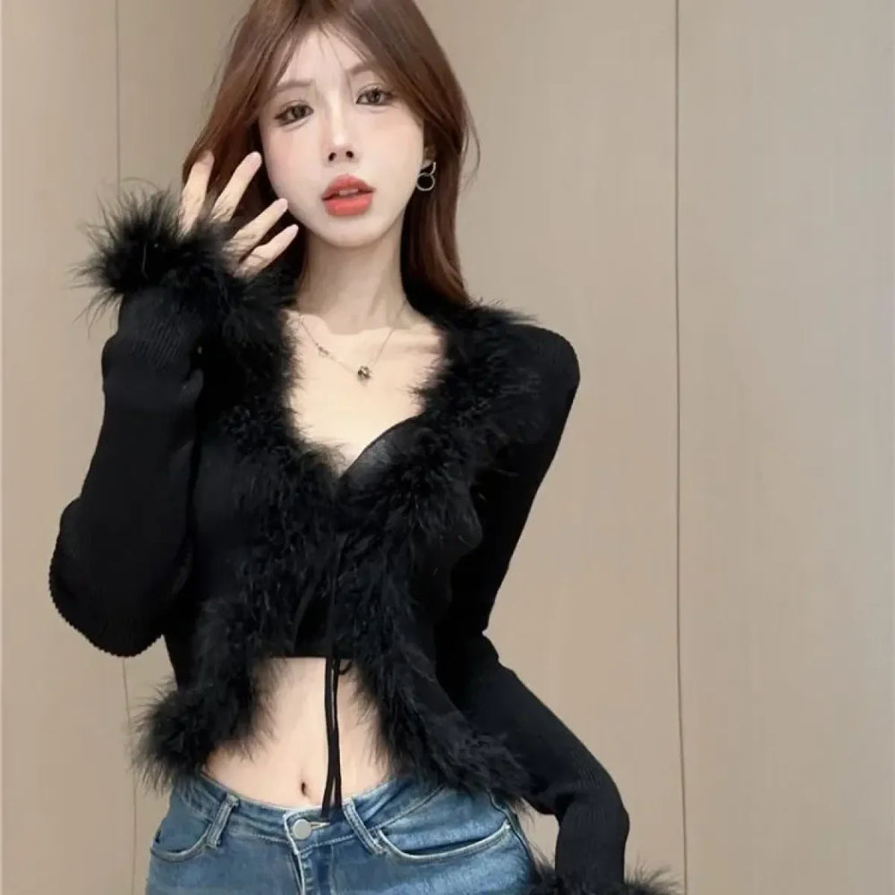 Y2K Lace-Up Faux Fur Trim Cardigan - Best Sellers - Cardigan - 1