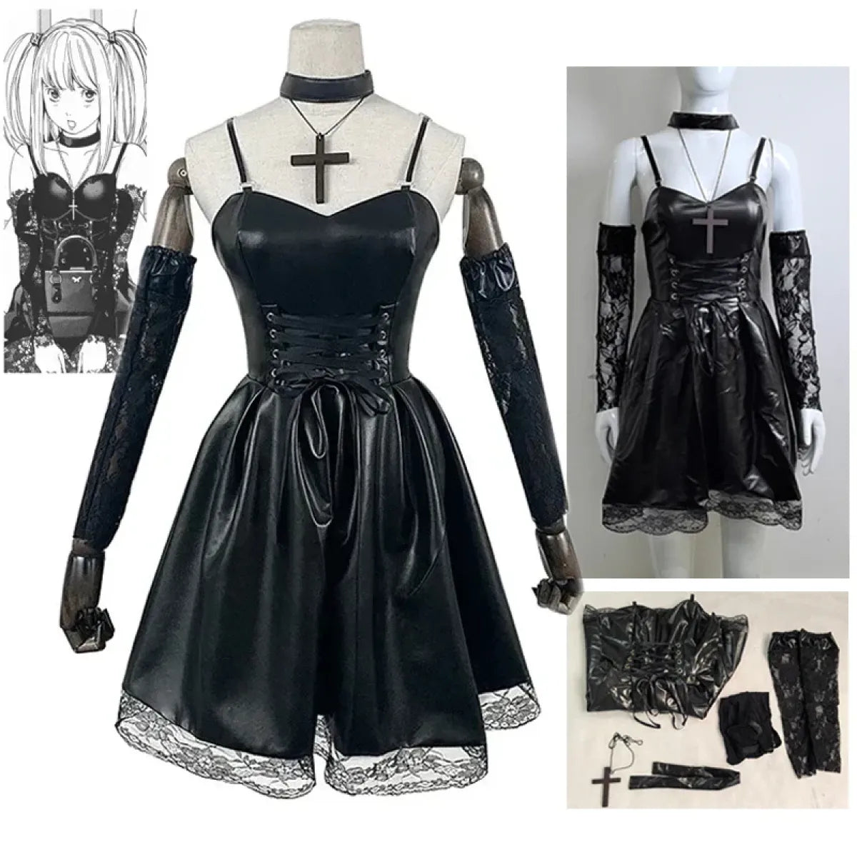 Gothic Lace Faux Leather Cosplay Dress Set - All Dresses - Cosplay - 1
