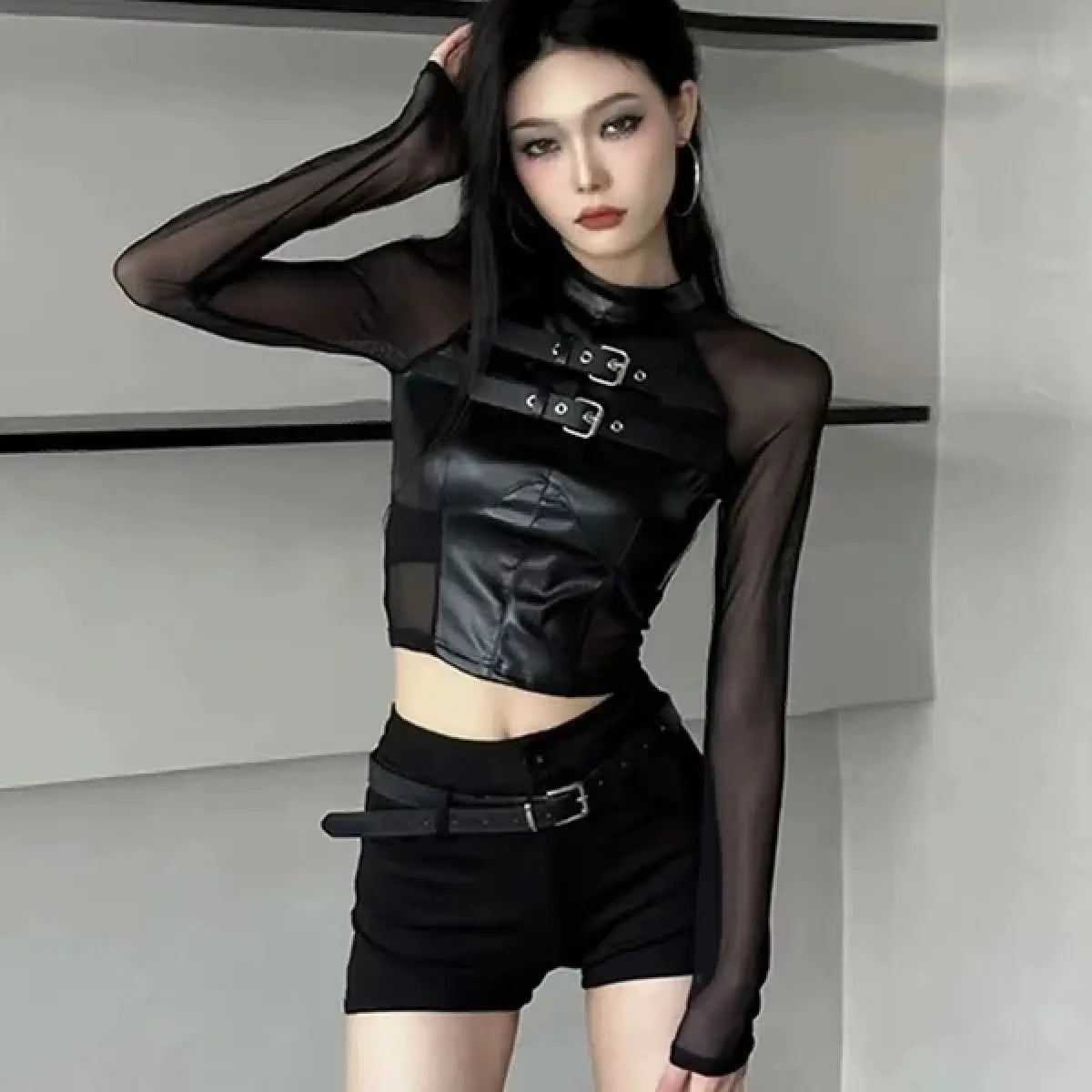 Faux Leather Mesh Crop Top – Harajuku Y2K E-Girl Streetwear - Best Sellers - Long - Tops - 7