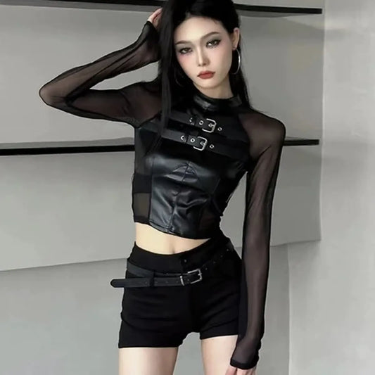 Faux Leather Mesh Crop Top – Harajuku Y2K E-Girl Streetwear - Best Sellers - Long - Tops - 7