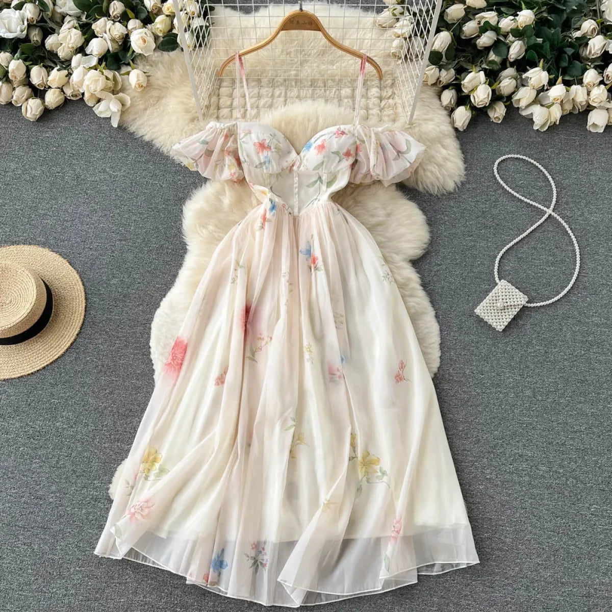 Off-Shoulder Floral Maxi Dress – Women’s Summer Corset Sundress with Puff Sleeves - All Dresses - Short - Off-Shoulder