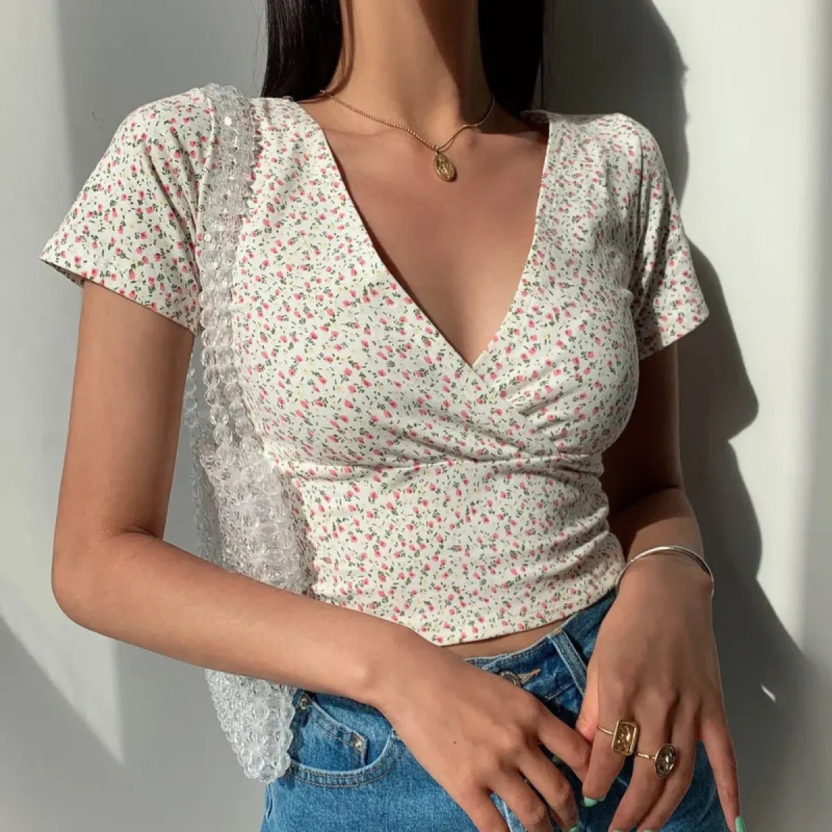 Floral V-Neck Stretchy Crop Top - Best Sellers - Crop Tops - 1