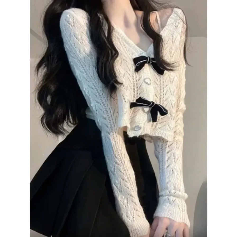 Knit Bow Cardigan – French Elegant Y2K Aesthetic - Best Sellers - V-neck - Clothing Sets - 1
