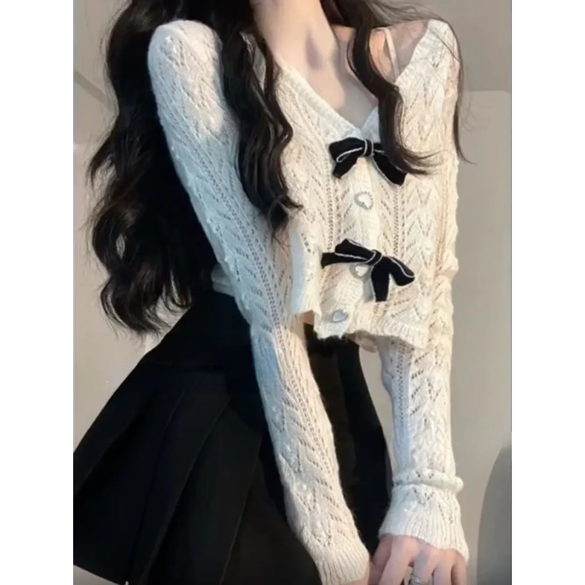 Knit Bow Cardigan – French Elegant Y2K Aesthetic - Best Sellers - V-neck - Clothing Sets - 1