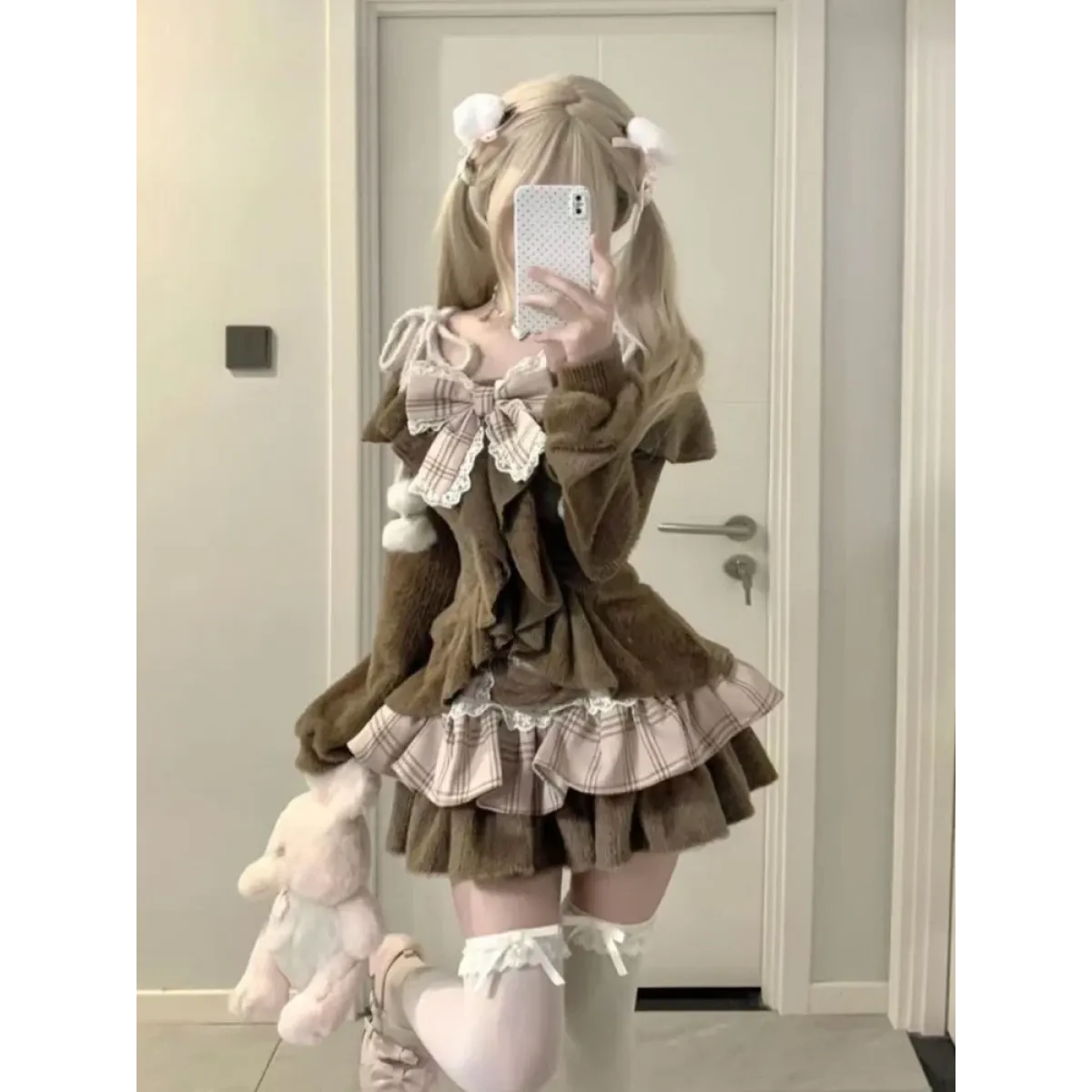 Fuzzy Lolita Set – Bow Top & Plaid Mini Skirt Kawaii - Best Sellers - Long - Off-Shoulder - Clothing Sets - 1