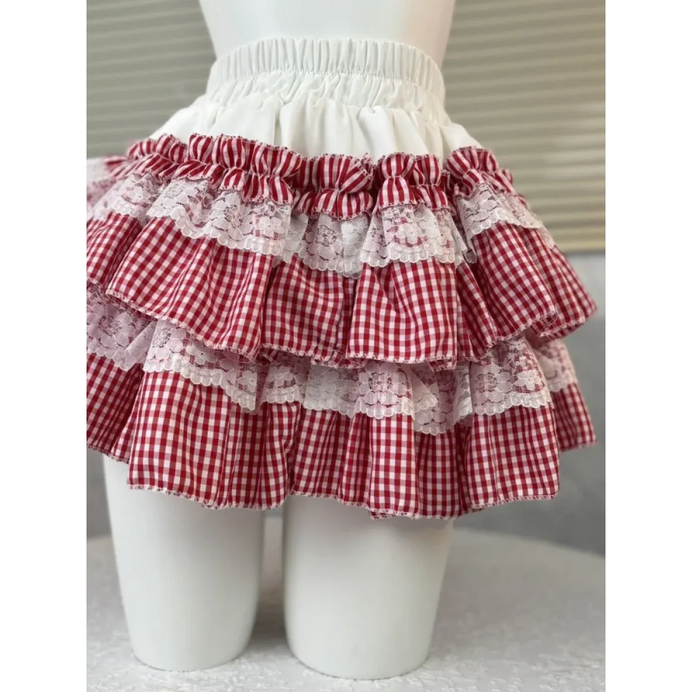 Gingham Layered Lolita Skirt – Lace Trim High Waist Kawaii - Best Sellers - Skirts - 1