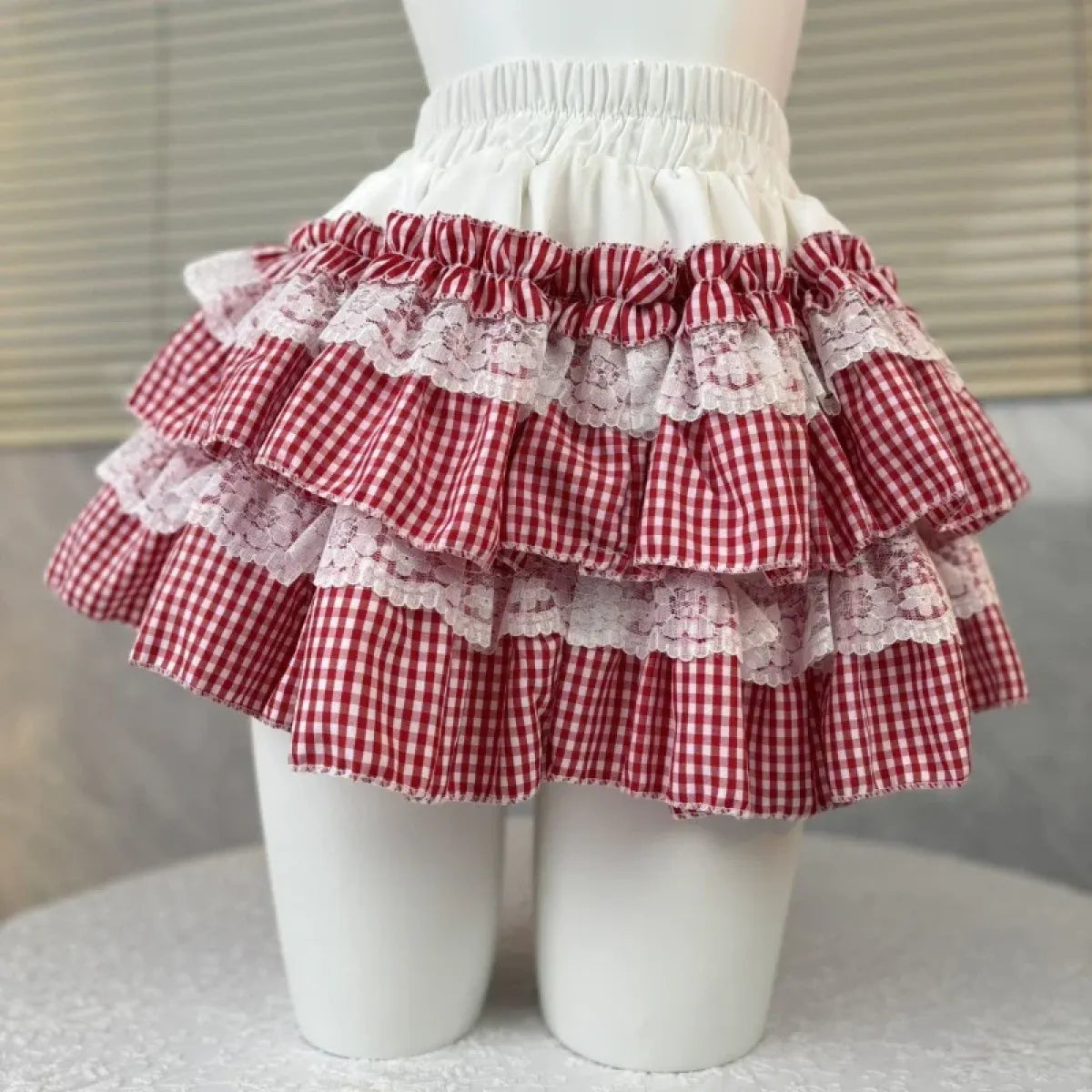 Gingham Layered Lolita Skirt – Lace Trim High Waist Kawaii - Best Sellers - Skirts - 7