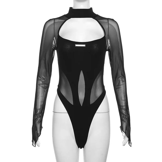 Goth Dark Sheer Mesh Long Sleeve Bodysuit - Best Sellers - 7