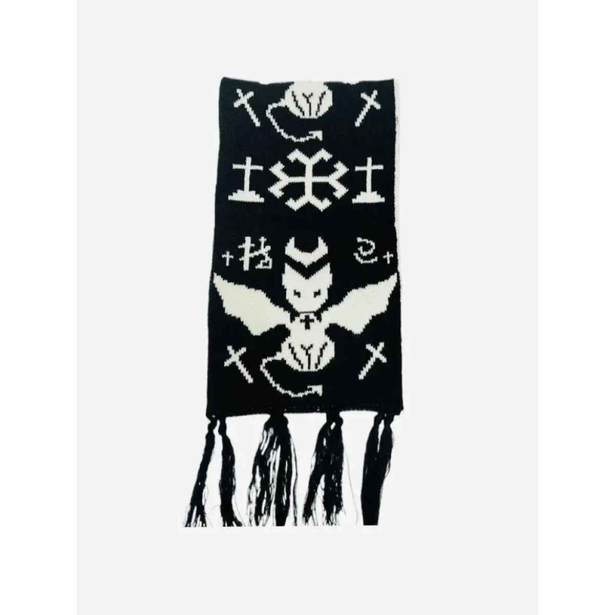 Black & White Y2K Harajuku Scarf – Gothic Cat Print with Tassels - Accessories - Scarves - 1