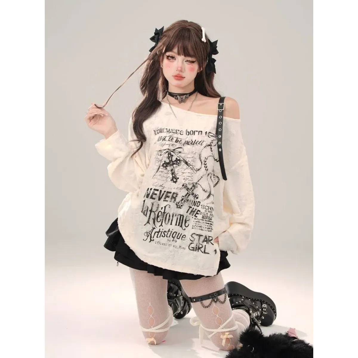 Off-Shoulder Gothic Grunge Tee – Harajuku Dark Aesthetic Top - Early Spring Collection - Long - Round - Tops - 1