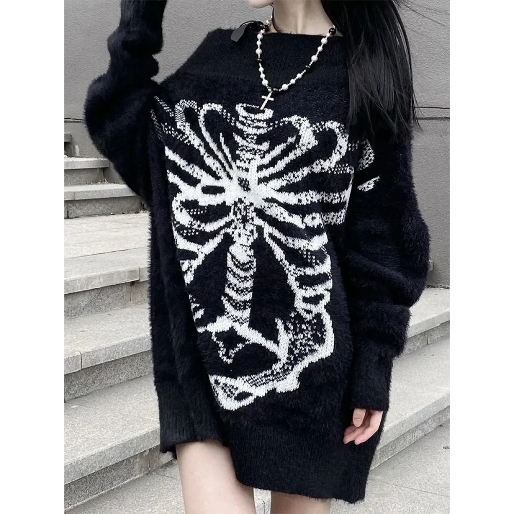 Black Skull Print Harajuku Sweater – Gothic Grunge Y2K Knitwear - Best Sellers - Round - Women’s Sweaters - 1