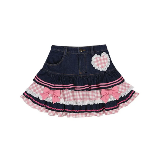 Sweet Mini Denim Skirt - Gothic Lace Plaid Hearts Ruffled Skirt - Best Sellers - 7