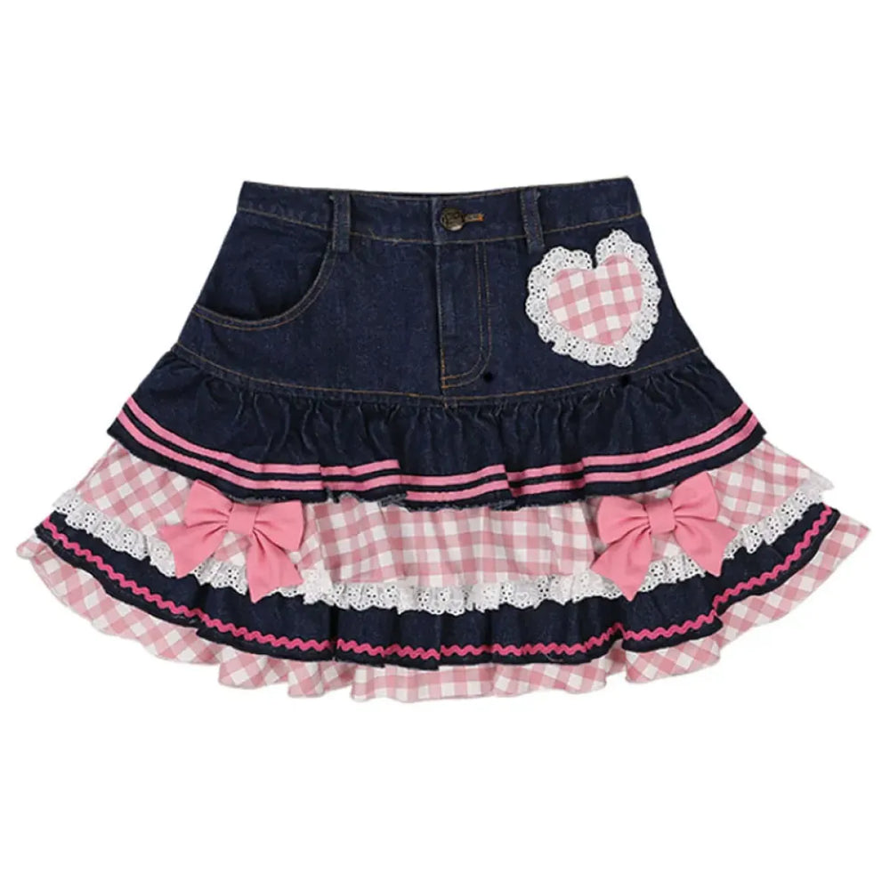 Sweet Mini Denim Skirt - Gothic Lace Plaid Hearts Ruffled Skirt - Best Sellers - 1