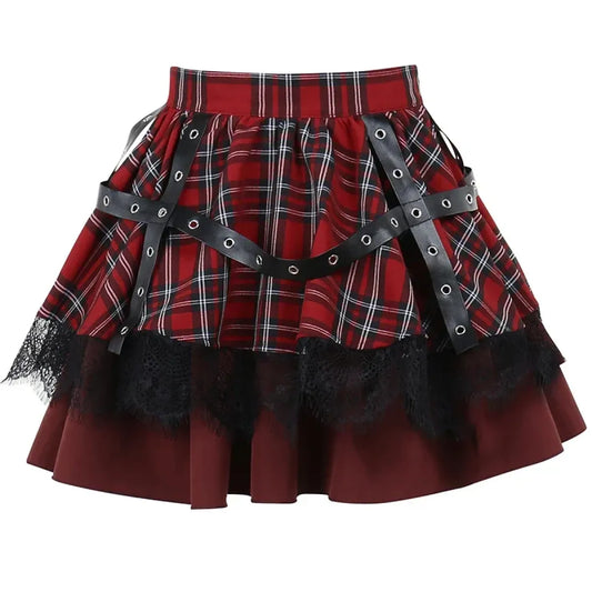 Gothic Plaid Punk Skirt – Harajuku Lace Layered Mini Skirt Cosplay - Best Sellers - Skirts - 2
