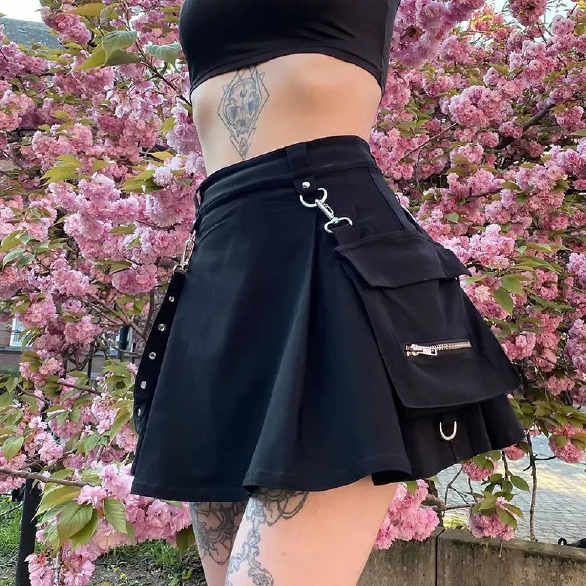 Gothic Punk High Waist Mini Skirt – Chain Straps & Utility Pockets - Best Sellers - Skirts - 1