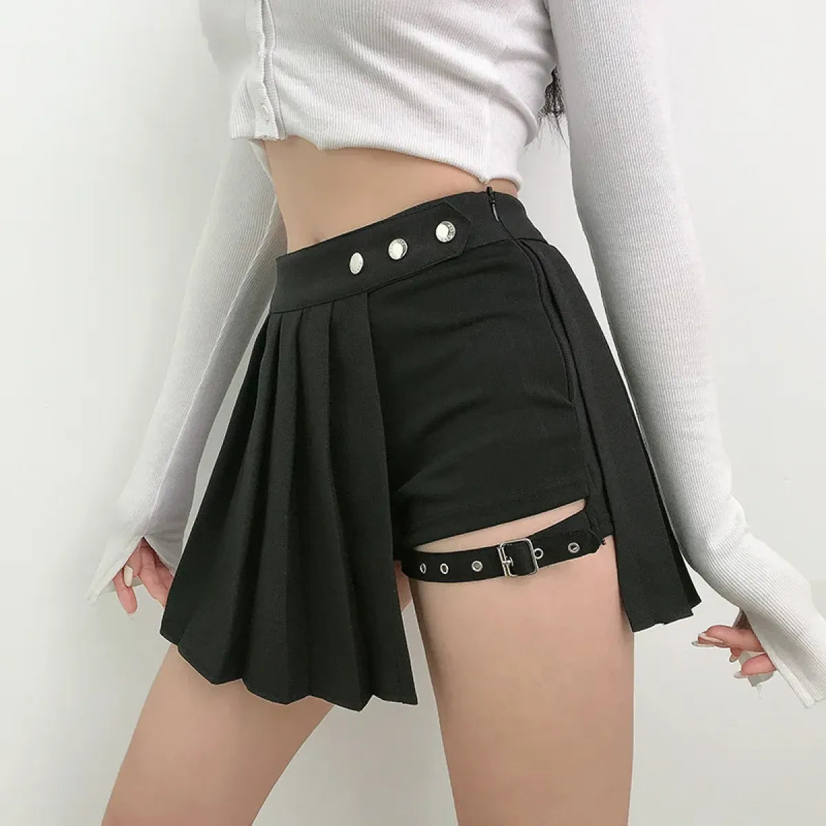 Gothic Punk Pleated Skort – Harajuku High Waist Buckle Mini Skirt Shorts - Best Sellers - Skirts - 1