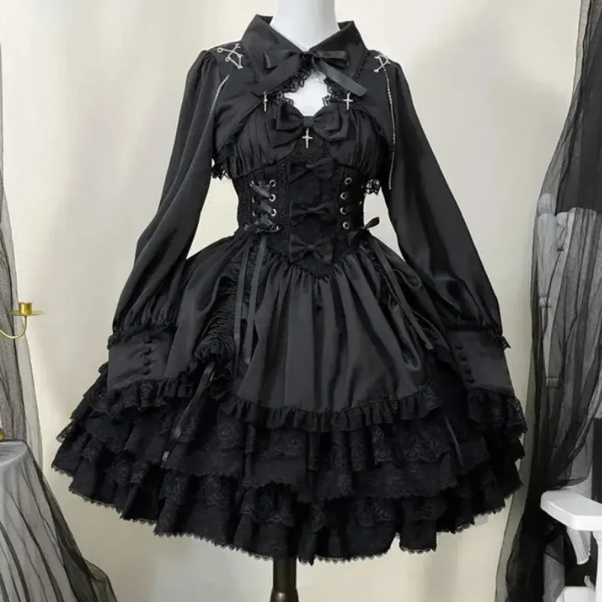 Gothic Victorian Lolita Dress - Punk Lace & Bow - All Dresses - 1