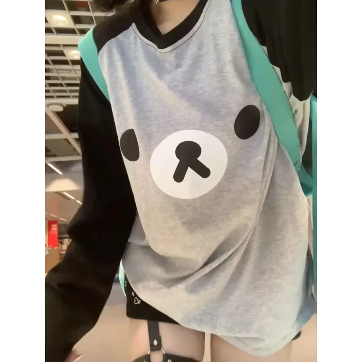 Gray Kawaii Bear Oversized T-Shirt – Harajuku Long Sleeve Top Y2K Style - Anime - Long - Round - T-Shirts - 1