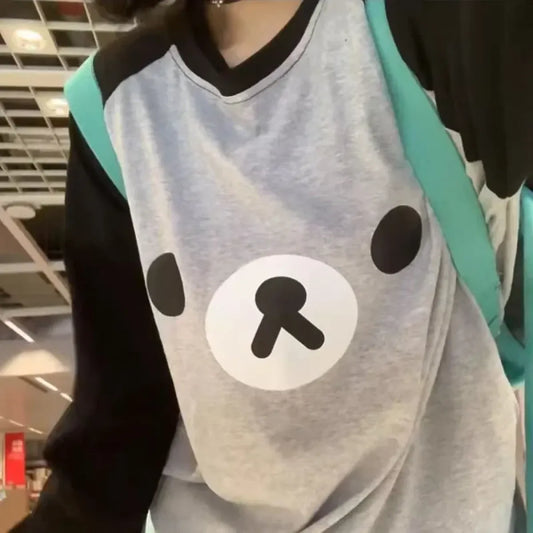 Gray Kawaii Bear Oversized T-Shirt – Harajuku Long Sleeve Top Y2K Style - Anime - Long - Round - T-Shirts - 7