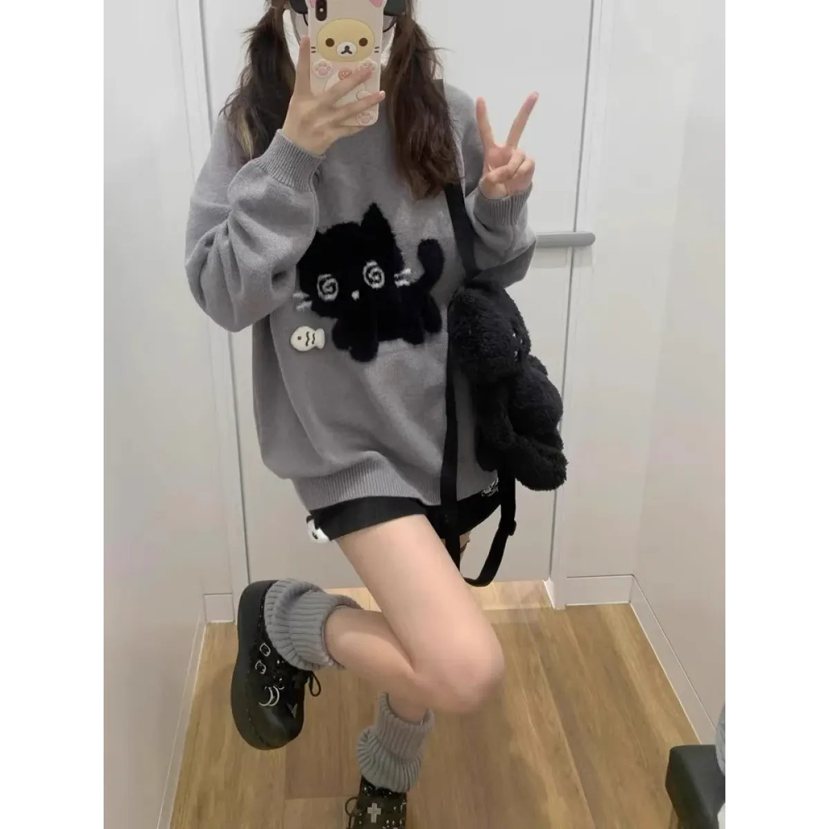 Gray Kawaii Cat Sweater Oversized Harajuku Soft Girl Pullover - Best Sellers - Crew - Women’s Sweaters - 1