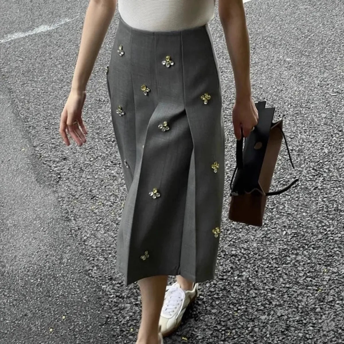 Embroidered Beaded Gray Midi Skirt - Best Sellers - Skirt - 1