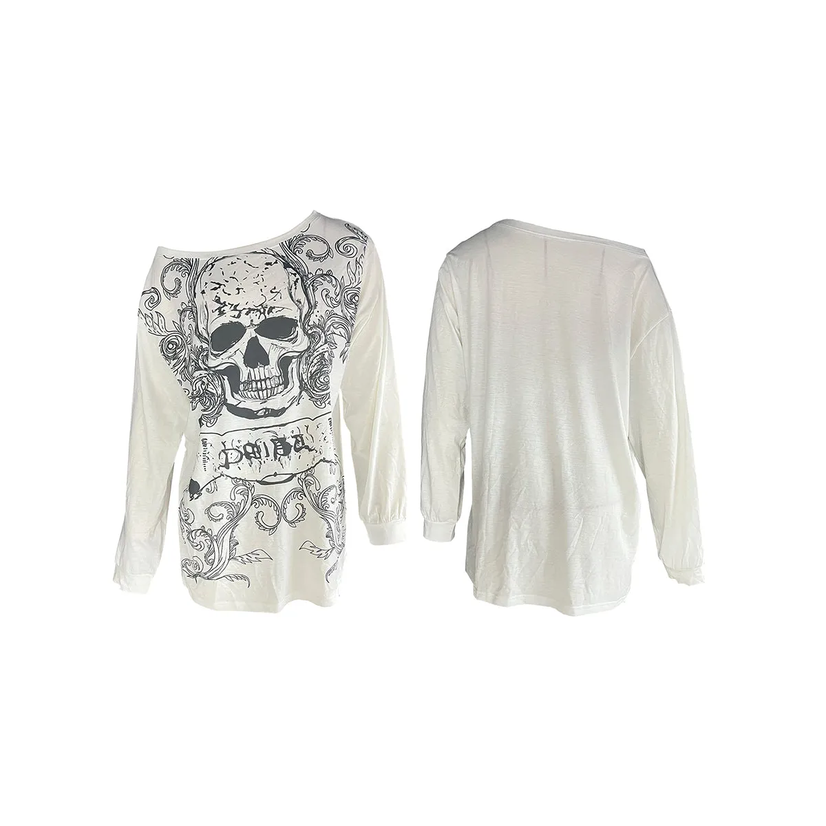 Skull Print Long Sleeve T-Shirt – Grunge Y2K Punk Pullover Top - Best Sellers - Long - Round - T-Shirts - 1