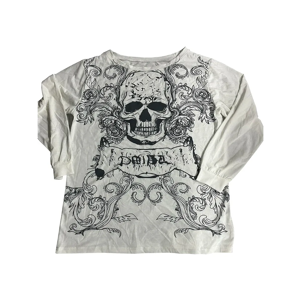 Skull Print Long Sleeve T-Shirt – Grunge Y2K Punk Pullover Top - Best Sellers - Long - Round - T-Shirts - 8